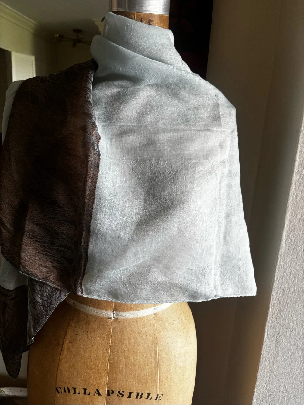 Light Blue and Taupe Raw Silk Scarf, Hand Loom, slightly imperfect